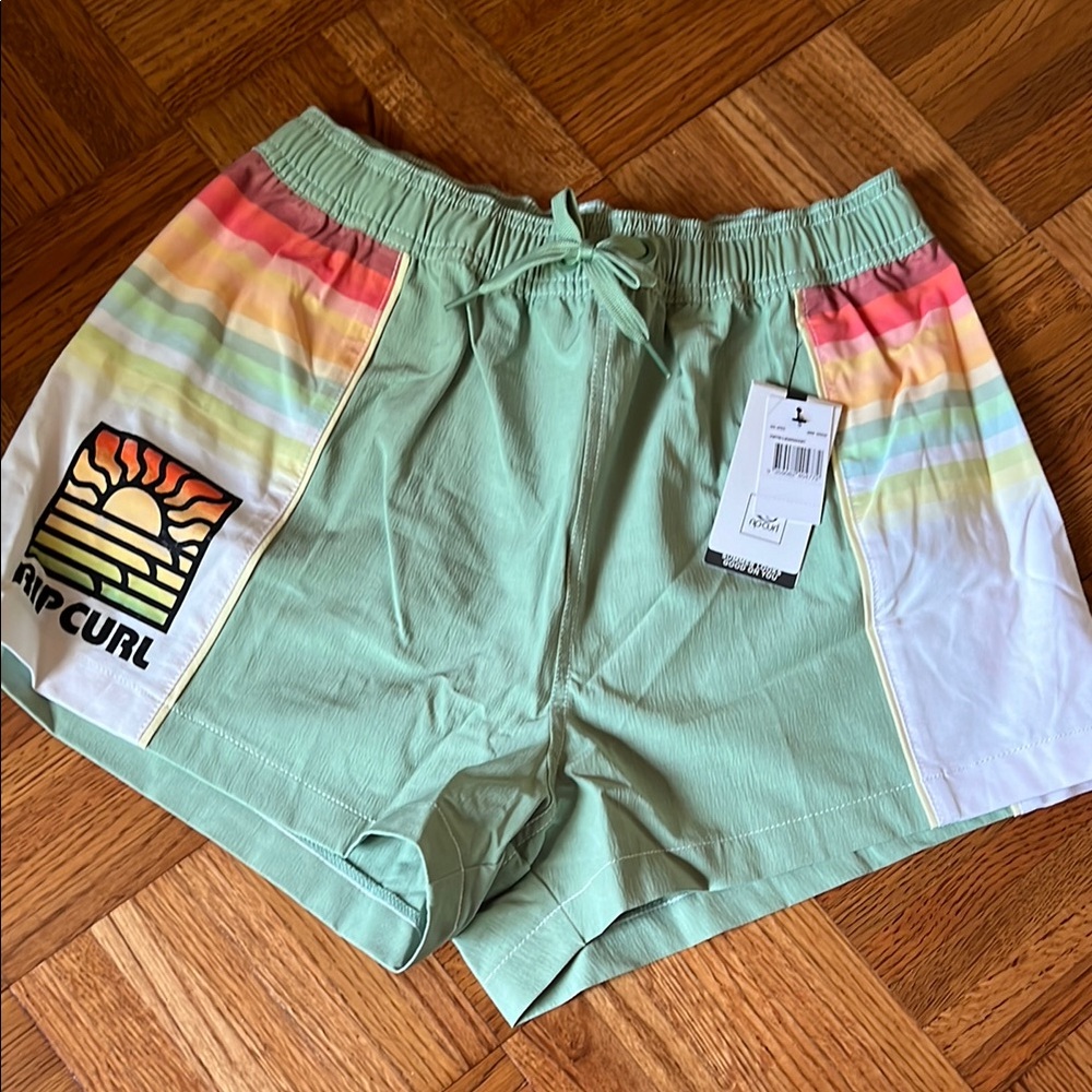 Rip Curl Mint Green Board Shorts with Rainbow Accents